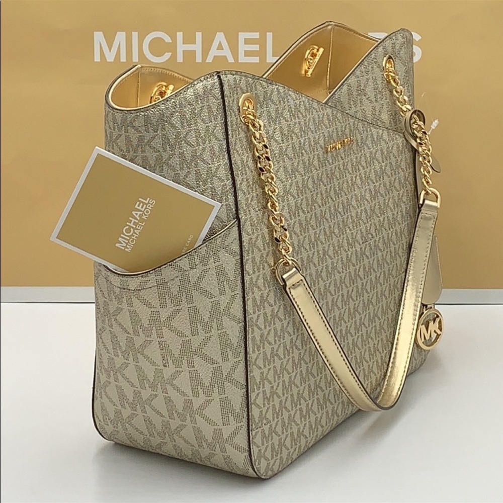 MICHAEL KORS LARGE X CHAIN SHOULDER TOTE BAG PALE GOLD SIGNATURE NWT - Picture 5 of 16